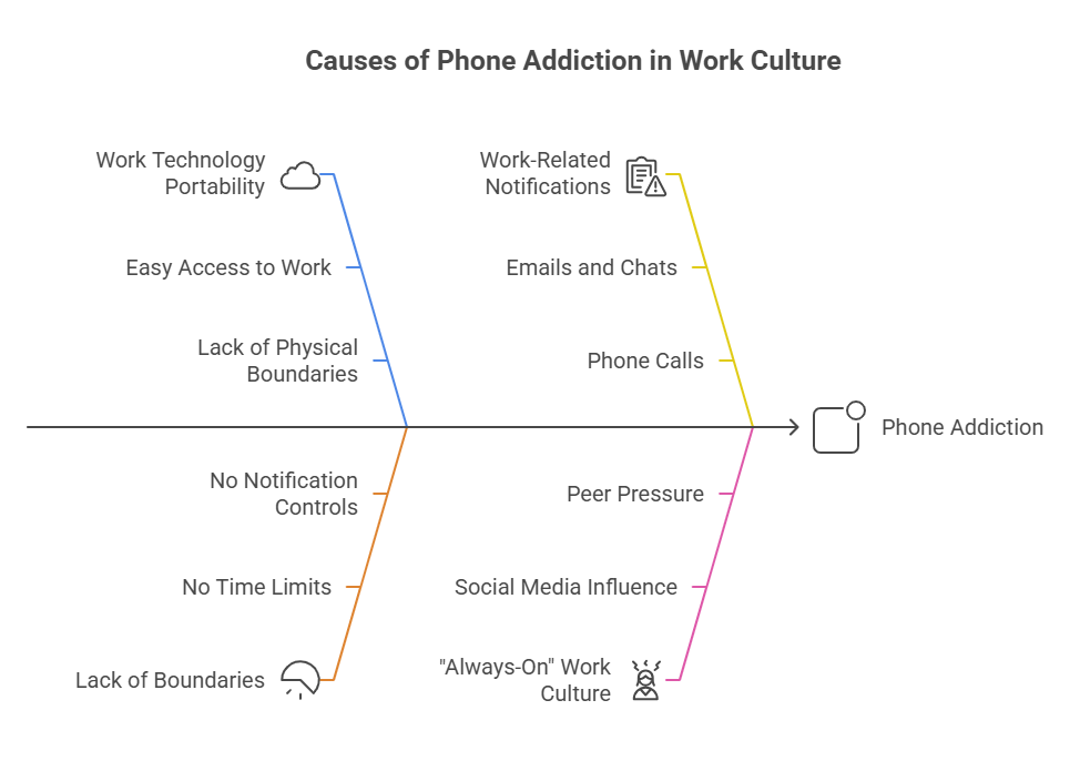 Causes of phone addiction in work culture: easy access to work, lack of physical boundaries, no notification controls, no time limits, lack of boundaries, work-related notifications, emails and chats, phone calls, peer pressure, social media influence, always-on work culture