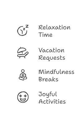 Self-care cycle: relaxation time, vacation requests, mindfulness breaks, joyful activities